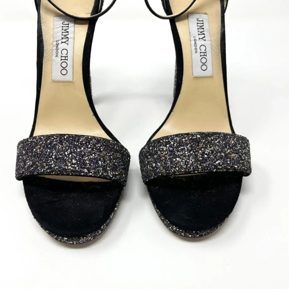 Jimmy Choo Leather Misty 120 Twilight Black Suede Glitter Sandals Heels 38.5/8.5 - Picture 8 of 14